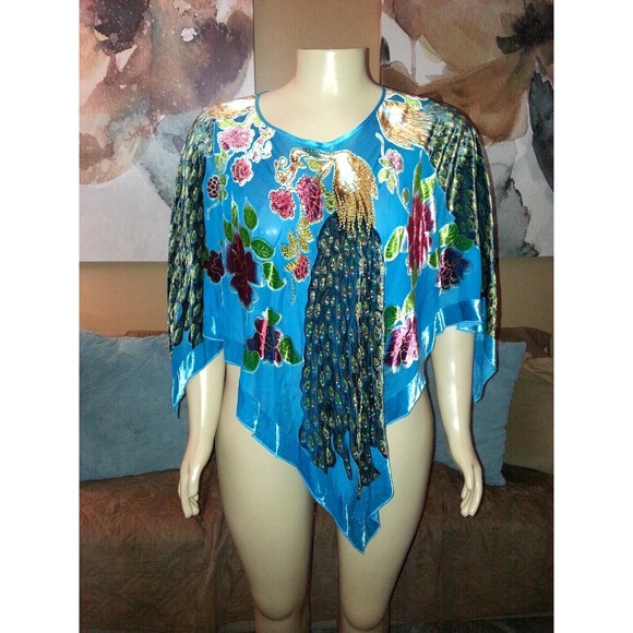Lane Bryant Blue Peacock Floral Beaded Poncho One Size 14/20 EUC - Picture 2 of 6